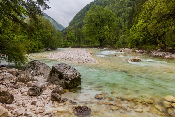Řeka Soca Vesnice Bovec Slovinsko — Stock fotografie