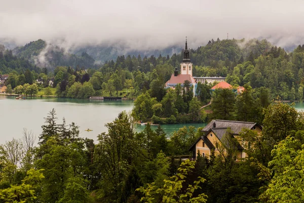 Blick Auf Den Bleder See Mit Der Wallfahrtskirche Mariä Himmelfahrt — Stockfoto