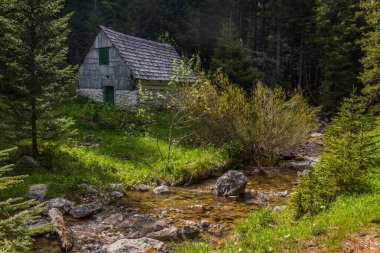Karadağ 'ın Durmitor dağlarındaki Mlinski potok deresindeki eski değirmen