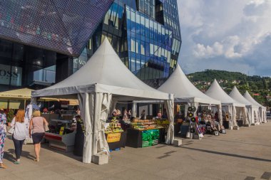 SARAJEVO, BOSNIA AND HERZEGOVINA - JUNE 11, 2019: Market stalls in Sarajevo, Bosnia and Herzegovina