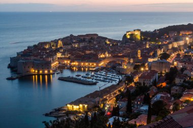 Evening aerial view of the old town of Dubrovnik, Croatia