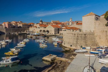 DUBROVNIK, CROATIA - MAY 31, 2019: Boats in the old town of Dubrovnik, Croatia