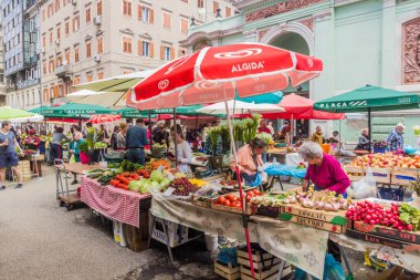 RIJEKA, CROATIA - MAY 23, 2019: Stalls of Rijeka Main Market, Croatia
