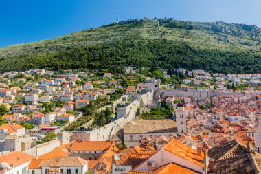 Walls of the old town of Dubrovnik and Srd mountain, Croatia