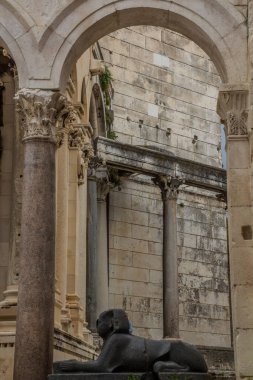 SPLIT, CROATIA - MAY 28, 2019: Sphinx at the Peristil, ancient colonnade in Split, Croatia