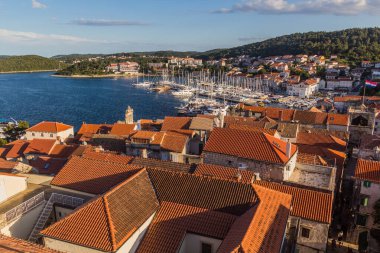 Aerial view of marina in Korcula town, Croatia