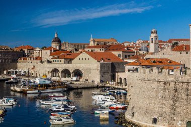 DUBROVNIK, CROATIA - MAY 31, 2019: Boats in the old town of Dubrovnik, Croatia