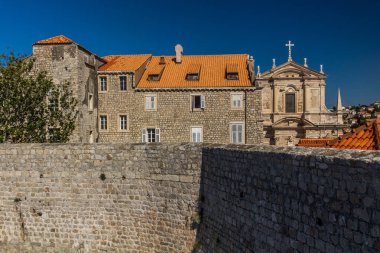 Walls of the old town of Dubrovnik with the cathedral, Croatia