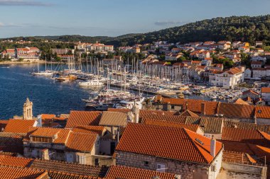 Aerial view of marina in Korcula town, Croatia