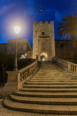Night view of Korcula town gate, Croatia