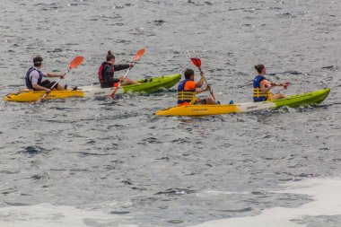 KORCULA, CROATIA - MAY 29, 2019: Sea kayakers near Korcula, Croatia