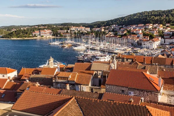 Aerial view of marina in Korcula town, Croatia