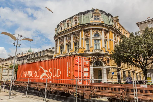 Rijeka Croatia May 2019 Cargo Train Passing Front Rijeka City — стоковое фото