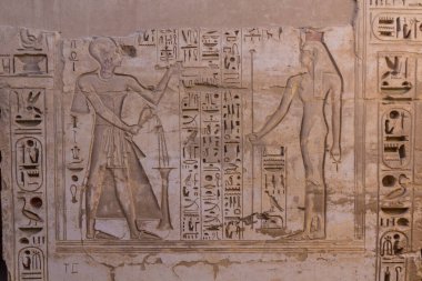 Mısır 'ın başkenti Theban Necropolis' te bulunan Medinet Habu 'nun hiyeroglifleri (Ramesses III Morg Tapınağı)