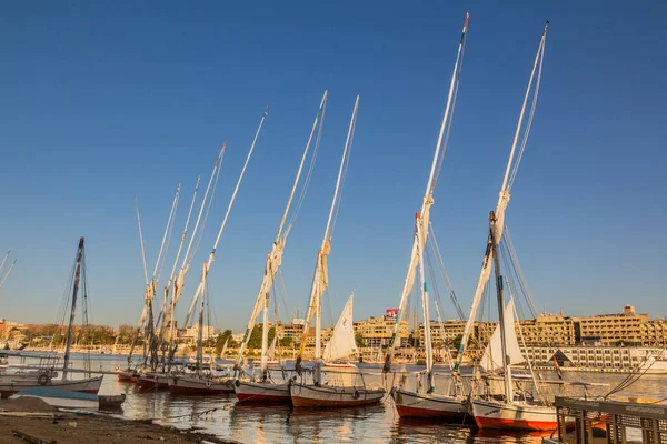 Aswan Egypt Şubat 2019 Aswan Mısır Nil Nehrinde Felucca Yelkenlileri — Stok fotoğraf