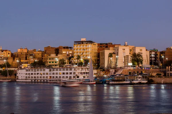 Vista Serale Dello Skyline Assuan Del Fiume Nilo Egitto — Foto Stock