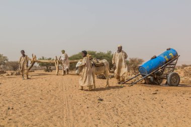 Nehir Nil Eyaleti, Sudan - 5 Mart 2019: Sudan 'ın kuru bir bölgesindeki bir kuyuda köylüler.
