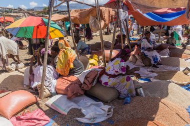 LALIBELA, ETHIOPIA - 30 Mart 2019: Lalibela, Etiyopya 'daki Cumartesi pazarında tahıl satan kadınlar