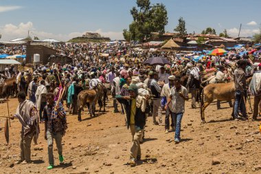 LALIBELA, ETHIOPIA - 30 Mart 2019: Kalabalık Lalibela, Etiyopya 'daki Cumartesi pazarında toplandı