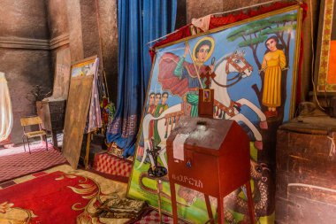 LALIBELA, ETHIOPIA - 29 Mart 2019: Lalibela, Etiyopya 'da Aziz George' un (Bet Giyorgis) kaya yontulmuş kilisesi