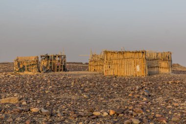 Hamed Ela 'daki basit kulübeler, Danakil depresyonundaki Afar kabilesi yerleşimi, Etiyopya.