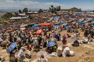 LALIBELA, ETHIOPIA - 30 Mart 2019: Lalibela, Etiyopya 'daki Cumartesi pazarındaki kalabalık