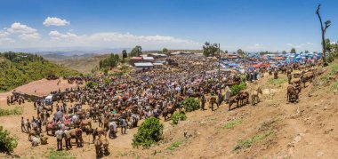 LALIBELA, ETHIOPIA - 30 Mart 2019: Lalibela, Etiyopya 'daki Cumartesi pazarındaki kalabalık