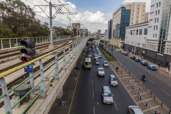 Addis Ababa Etiopia Kwiecień 2019 Wysunięty Odcinek Kolei Lekkiej Placu — Zdjęcie stockowe