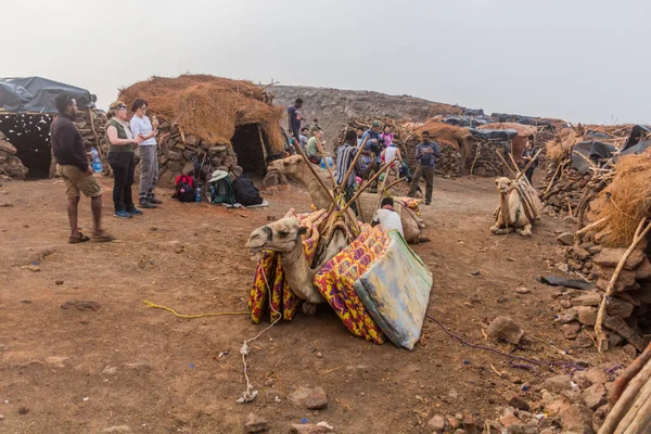 Afar Etiopie Března 2019 Turisté Velbloudy Okraji Kráteru Sopky Erta — Stock fotografie
