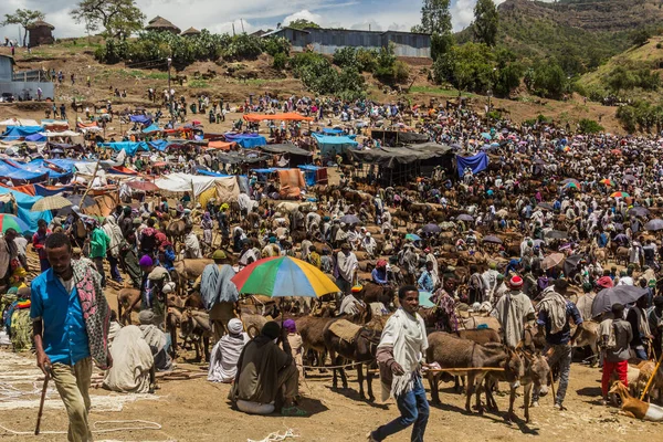LALIBELA, ETHIOPIA - 30 Mart 2019: Lalibela, Etiyopya 'daki Cumartesi pazarındaki kalabalık