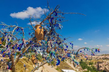 Kapadokya 'nın Goreme kasabası yakınlarındaki bir ağaca nazar boncuğu takıldı