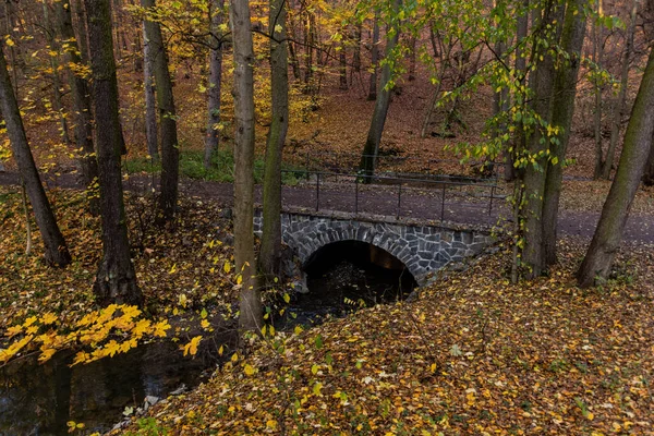 Autumn View Stone Arch Bridge Kunraticky Potok Stream Prague Czech — Stock Photo, Image