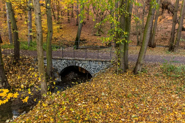Autumn View Stone Arch Bridge Kunraticky Potok Stream Prague Czech — Stock Photo, Image