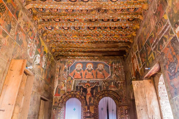 Gondar Etiópia Março 2019 Colorfuly Decorado Interior Igreja Debre Birhan — Fotografia de Stock