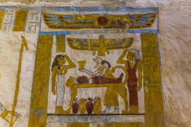 BAWITI, EGYPT - FEBRUARY 5, 2019: Wall painitngs of the embalming process in the Tomb of Bannentiu in Bahariya oasis, Egypt clipart