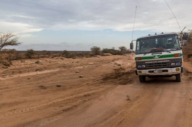 SOMALILAND - APRIL 16, 2019: Truck on a sandy road in western Somaliland