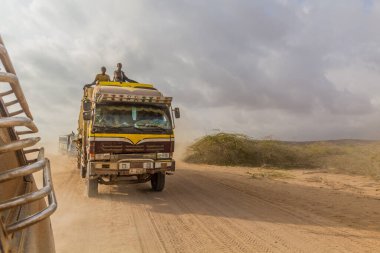WESTERN SOMALILAND - APRIL 17, 2019: Trucks in the desert of western Somaliland