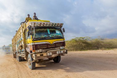 WESTERN SOMALILAND - APRIL 17, 2019: Trucks in the desert of western Somaliland