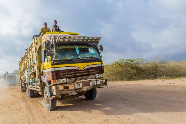 WESTERN SOMALILAND - APRIL 17, 2019: Trucks in the desert of western Somaliland