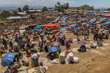 LALIBELA, ETHIOPIA - 30 Mart 2019: Lalibela, Etiyopya 'daki Cumartesi pazarındaki kalabalık