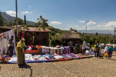 LALIBELA, ETHIOPIA - MARCH 30, 2019: Textile market stalls in the center of Lalibela, Ethiopia