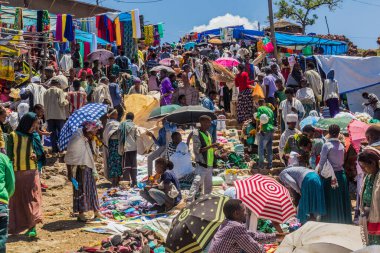 LALIBELA, ETHIOPIA - MARCH 30, 2019: Crowds gathering at the Saturday market in Lalibela, Ethiopia