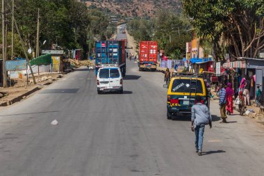 HARAR, ETHIOPIA - APRIL 7, 2019: Road traffic in a town near Harar, Ethiopia