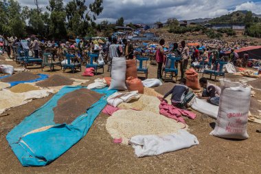 LALIBELA, ETHIOPIA - MARCH 30, 2019: Grains for sale at the Saturday market in Lalibela, Ethiopia