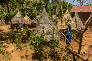 TANA, ETHIOPIA - APRIL 1, 2019: Small houses at Zege peninsula in Tana lake, Ethiopia