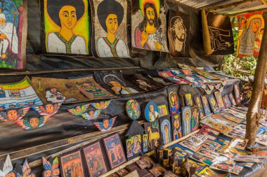 TANA, ETHIOPIA - APRIL 1, 2019: Religious items for sale at souvenir stalls at Zege peninsula in Tana lake, Ethiopia