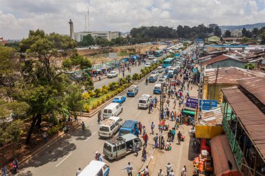 ADDIS ABABA, ETHIOPIA - APRIL 6, 2019: Haile Selassie street in Addis Ababa, Ethiopia