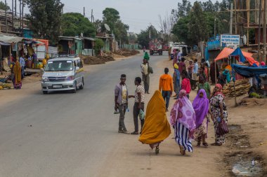 HARAR, ETHIOPIA - APRIL 7, 2019: Road traffic in a town near Harar, Ethiopia