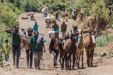 LALIBELA, ETHIOPIA - MARCH 30, 2019: People walking to the Saturday market in Lalibela, Ethiopia