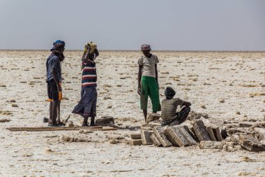 DANAKİL, ETHIOPIA - 24 Mart 2019: Danakil depresyonundaki Afar kabilesi tuz madencileri, Etiyopya.
